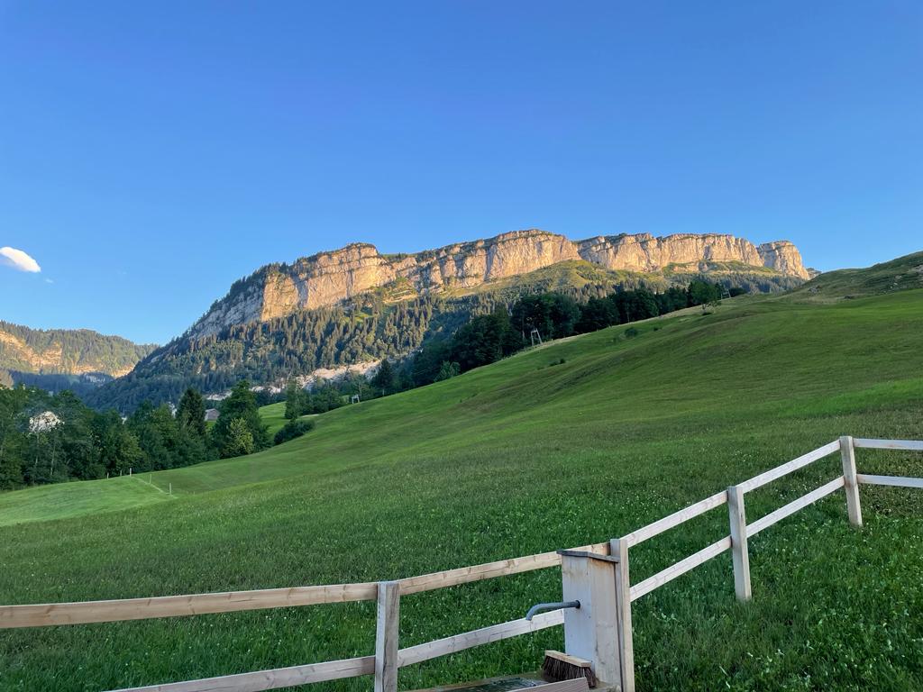 Abendstimmung mit Blick auf markante Felsformation hinter grüner Wiese und Holzgeländer.